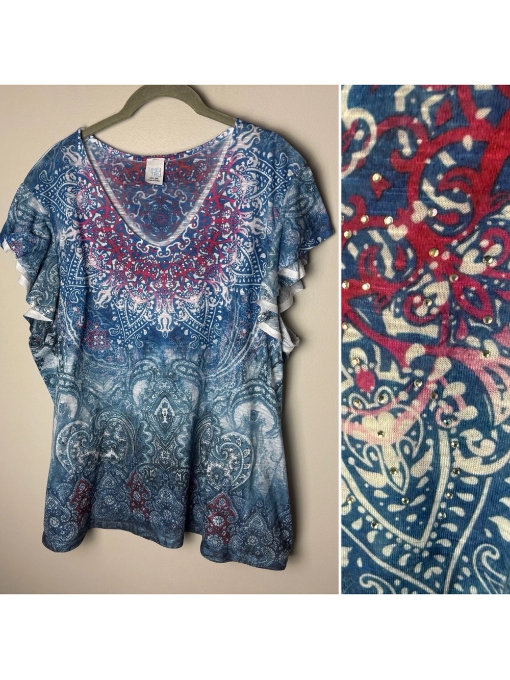 Time and Tru Top Size XXL 2XL Short Flutter Sleeves Blue Paisley Rhinestones